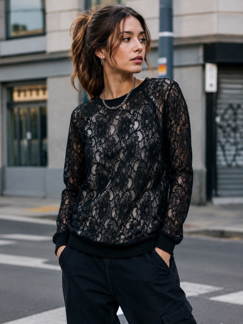 Ann Taylor LOFT Black Lace Sheer Floral  Romantic Whimisigoth Blouse Size M